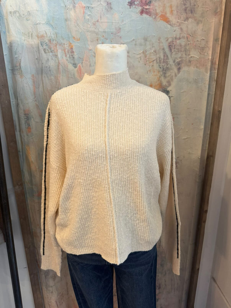 Mock Neck Contrast Seam Pullover Sweater