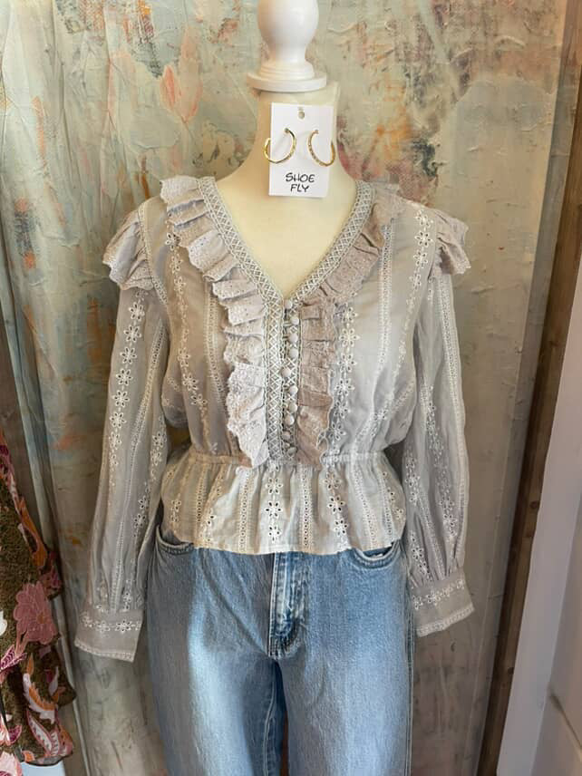 Light Gray Ruffle Detail Embroidery Top