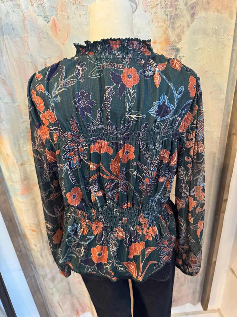 Dark Green Long Sleeve Smock Detail Top