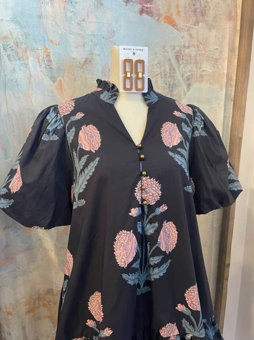 Navy Print Dress with Pockets and Button Detail