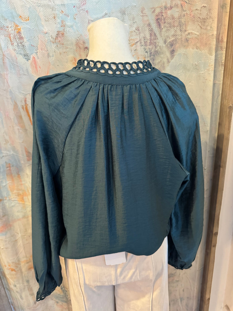 Dark Teal Neck Detail Long Sleeve Top