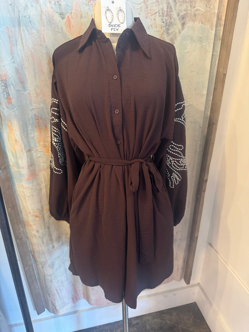 Long Sleeve Embroidery Detail Short Dress with Tie and Pockets
