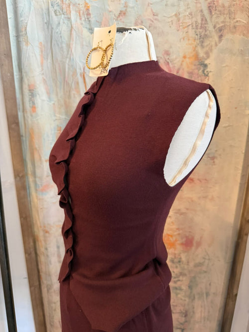 Pleated Mock Neck Burgundy Sweater Top