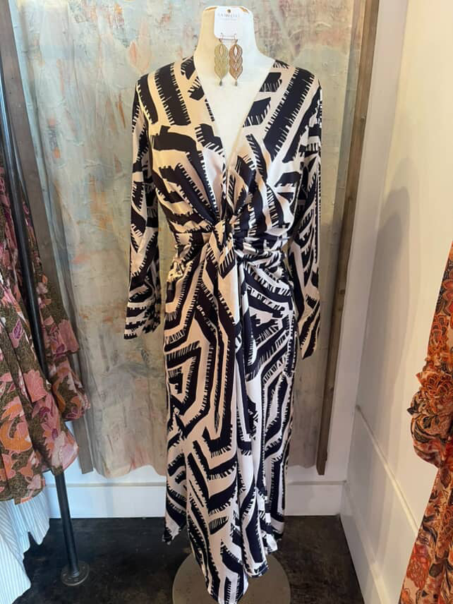 Black Taupe Print Knot Front Detail Dress