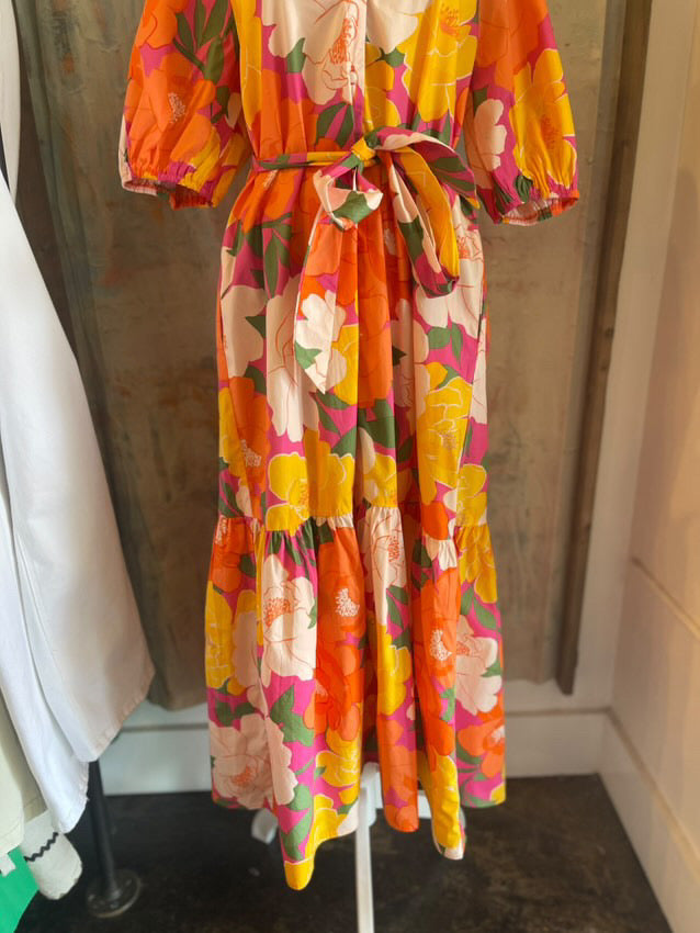 Pink Orange Multi Tiered Midi Dress
