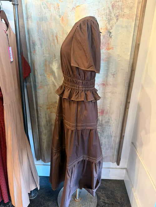 Short Sleeve V Neck Tiered Midi Dress