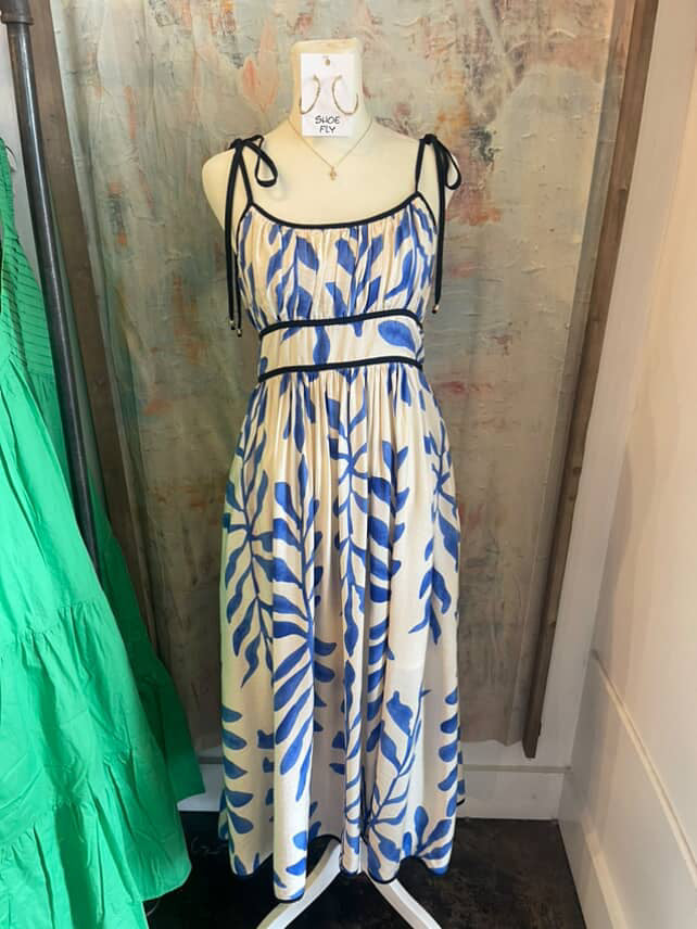 Tie Strap Blue Print Dress with Pockets