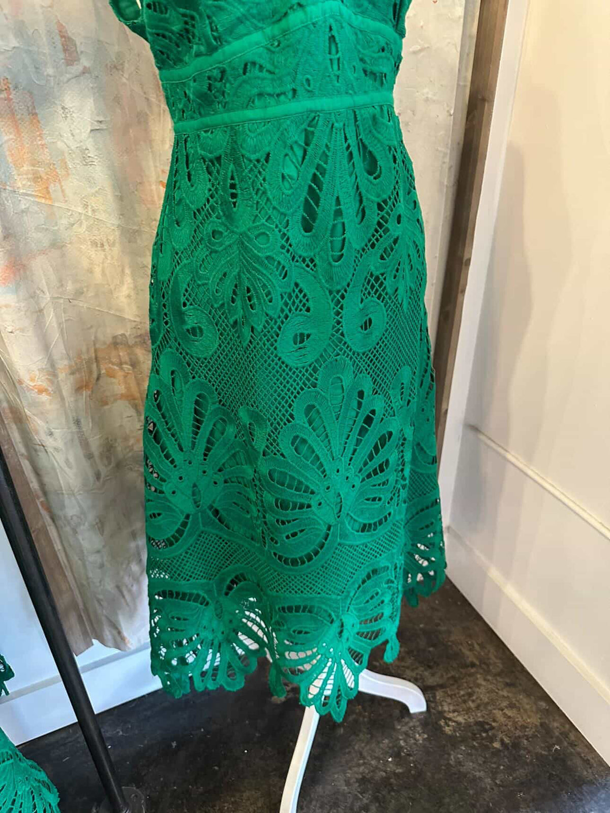 Embroidered Lace V Neck Midi Dress