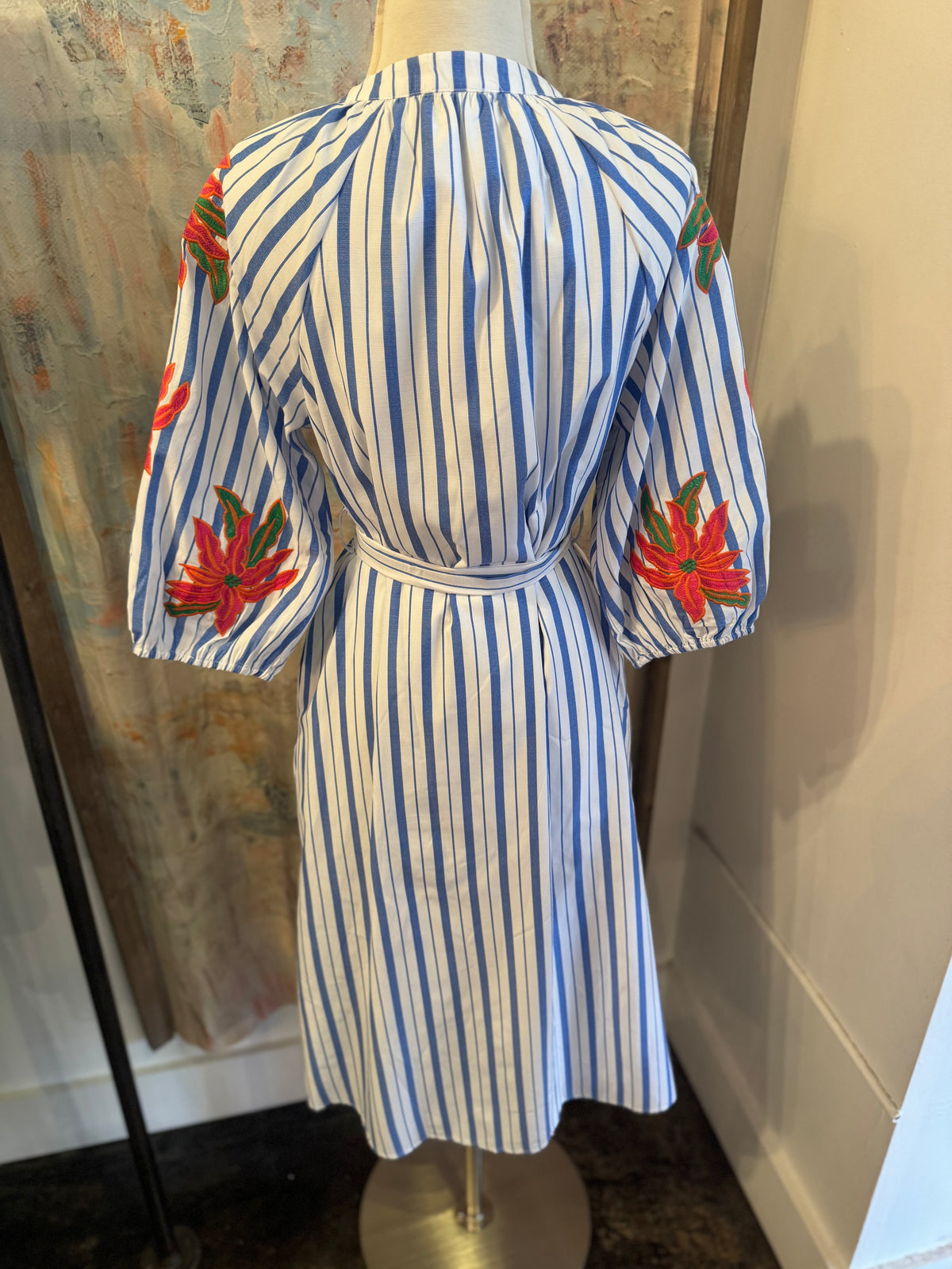 Stripe Blue Embroidery Sleeve Detail Dress with Pockets