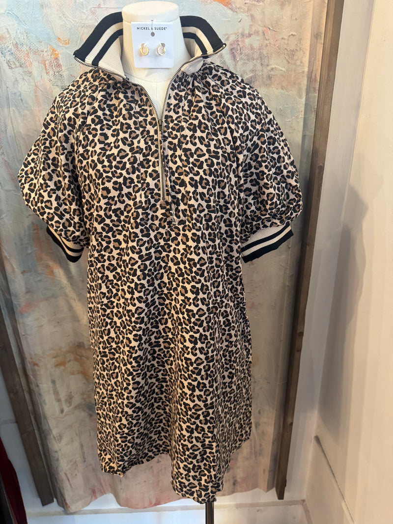 Animal Print Zip Neck Detail Dress with Pockets