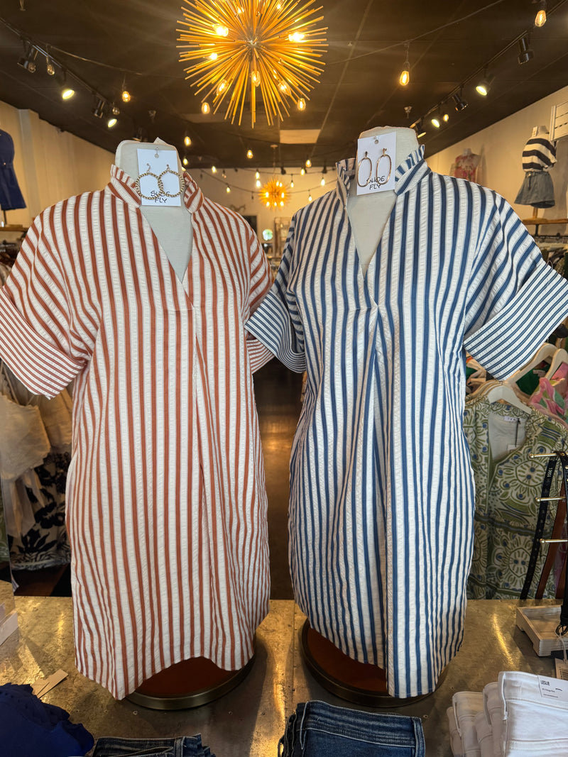 Short Sleeve Stripe Dress with Pockets__
