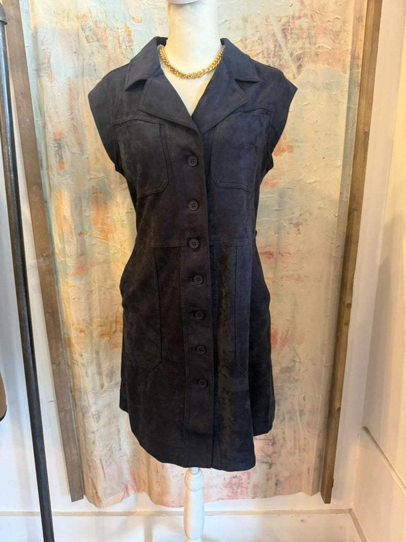 Sleeveless Faux Suede Dark Navy Dress