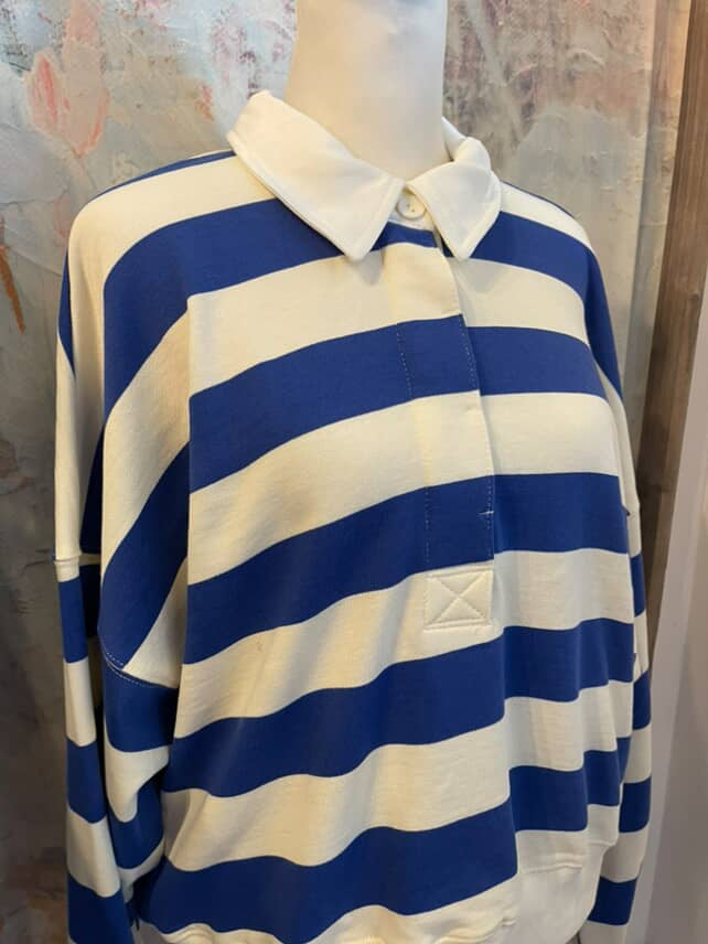 Blue Cream Stripe Top with Collar Detail