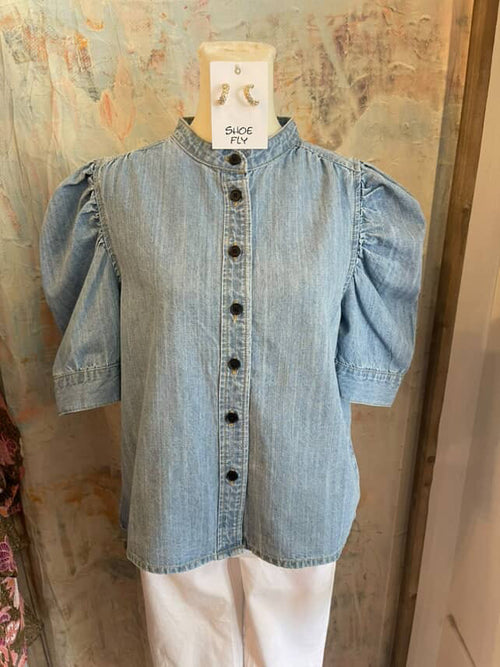 Denim Puff Sleeve Button Down Top