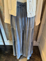 Ruffled Side Washed Denim Wide Pants