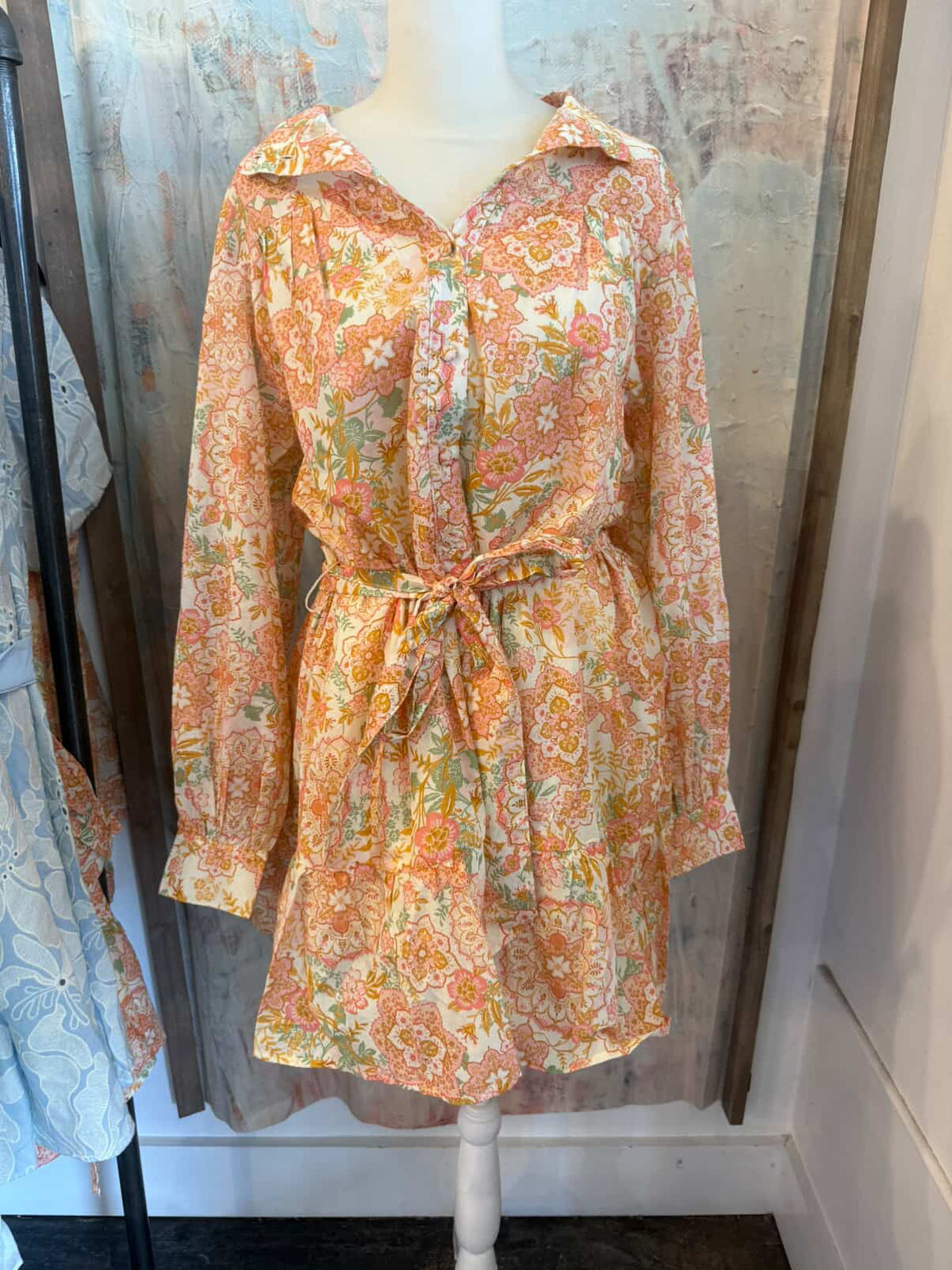 Front Button Closure Ruffled Detail Dress with Pockets