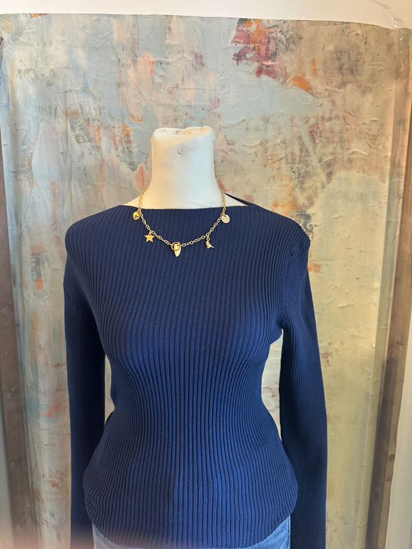 Navy Rib Fitted Top