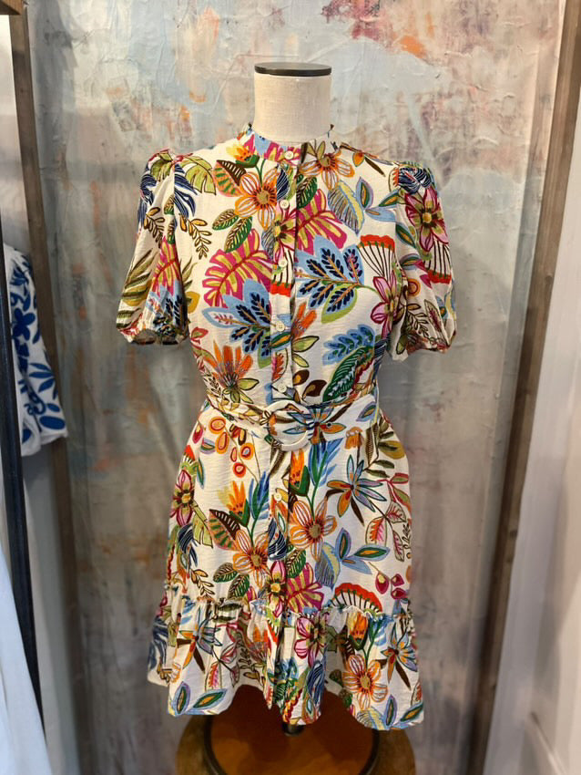 Button Down Tropical Dress with Belt