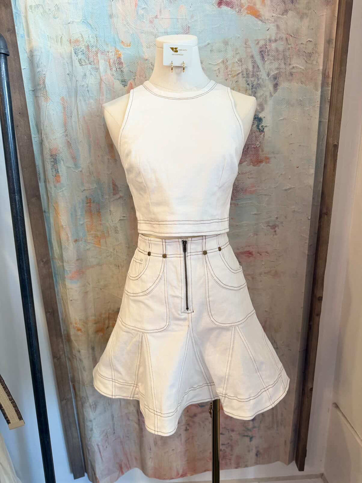 White Denim Pleat Skirt with Zipper Detail