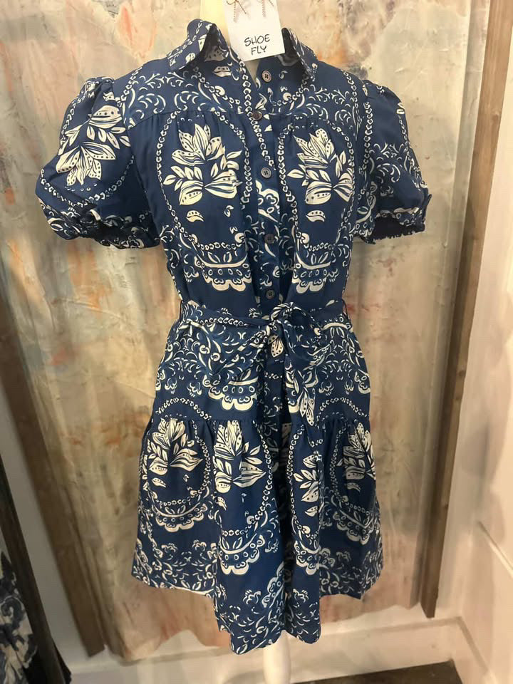 Shirt Collar Button Down Print Tie Waist Dress