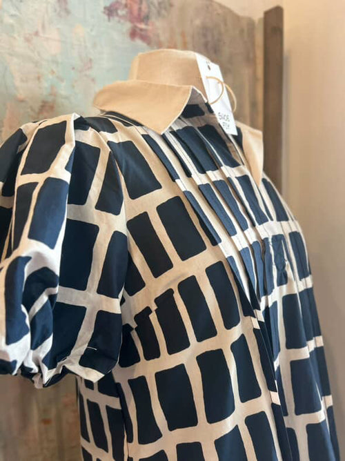 Navy Print Short Sleeve Pocket Dress