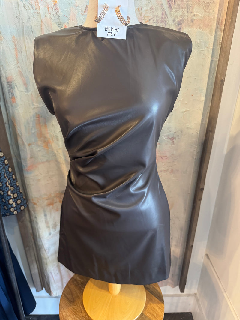 Side Ruched Detail  Faux Leather Dress