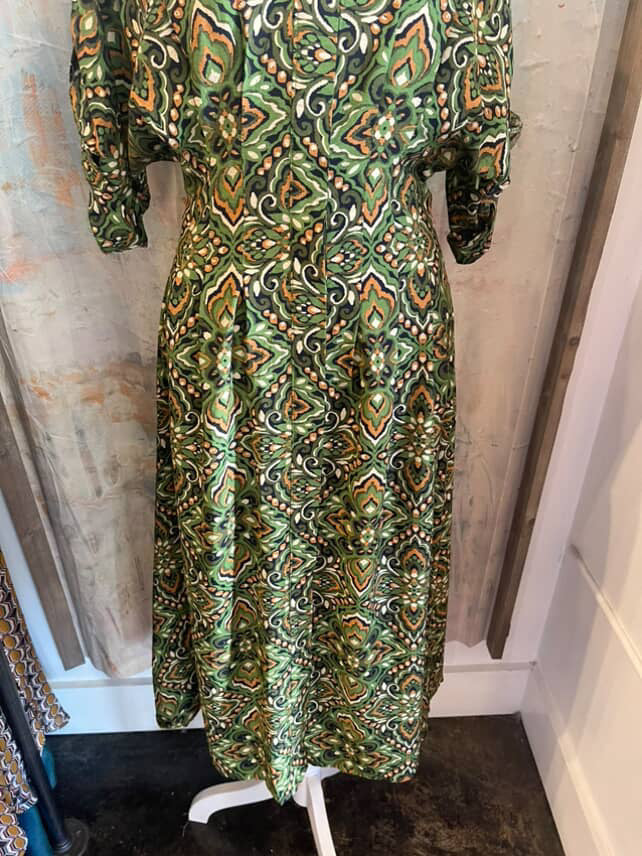 Olive Print Pleat Detail  Midi Dress