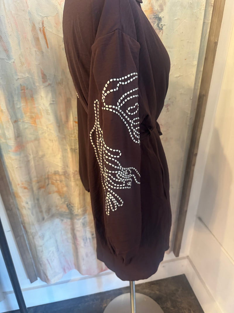 Long Sleeve Embroidery Detail Short Dress with Tie and Pockets