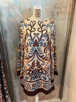 Long Sleeve Brown Print Shift Dress