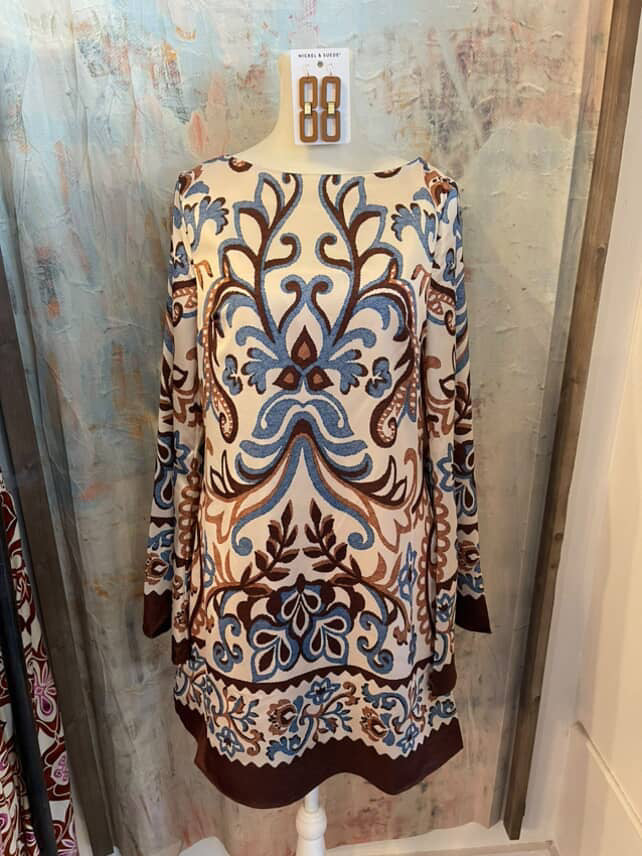 Long Sleeve Brown Print Shift Dress