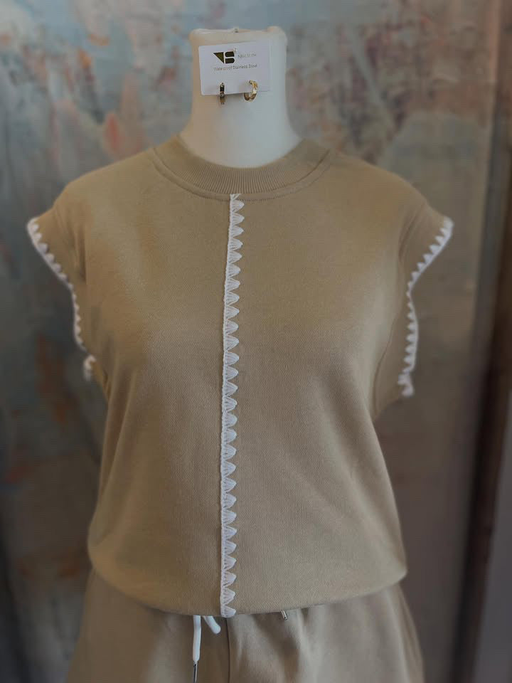 Khaki White Embroidery Top