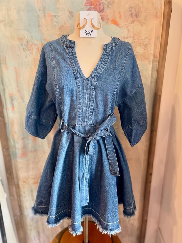 Washed Denim V Neck Dress with Tie