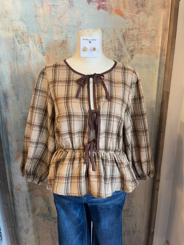 Plaid 3/4 Sleeve Top with Tie Detail