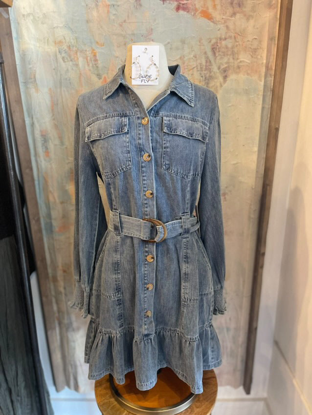 Belted Long Sleeve Denim Dress