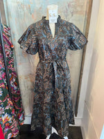V Neck  Midi Blue Mocha Print Dress with Pockets