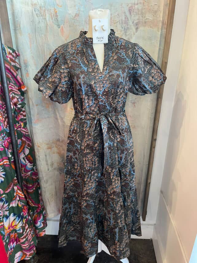 V Neck  Midi Blue Mocha Print Dress with Pockets