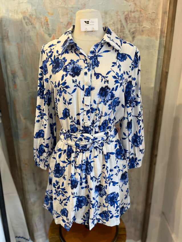 Blue Floral Romper with Belt Detail