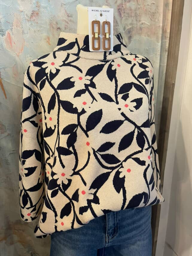 Floral Jacquard Navy/Beige Sweater