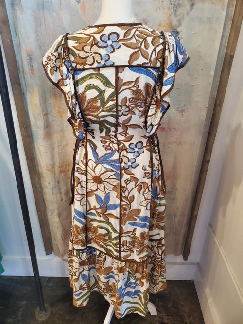 Border Detail Brown Floral Dress with Pockets