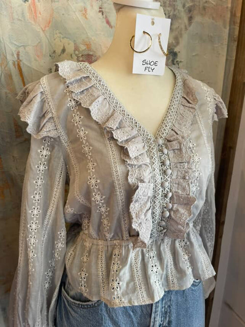 Light Gray Ruffle Detail Embroidery Top