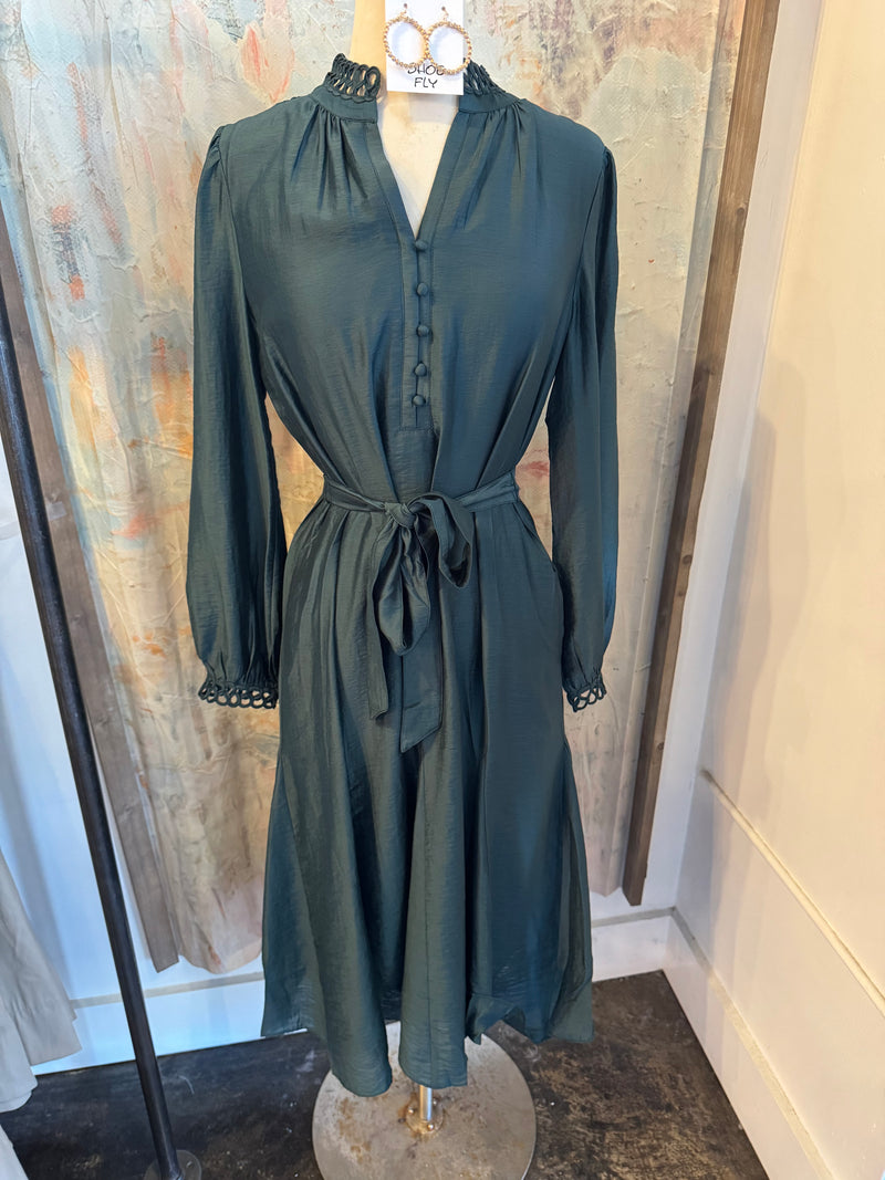 Split Neck Long Sleeve Tie Waist Teal Dress