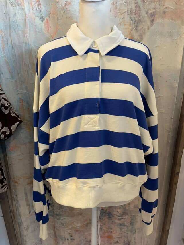 Blue Cream Stripe Top with Collar Detail