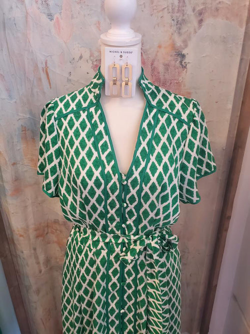 Diamond Print Tie Waist Dress with Pockets