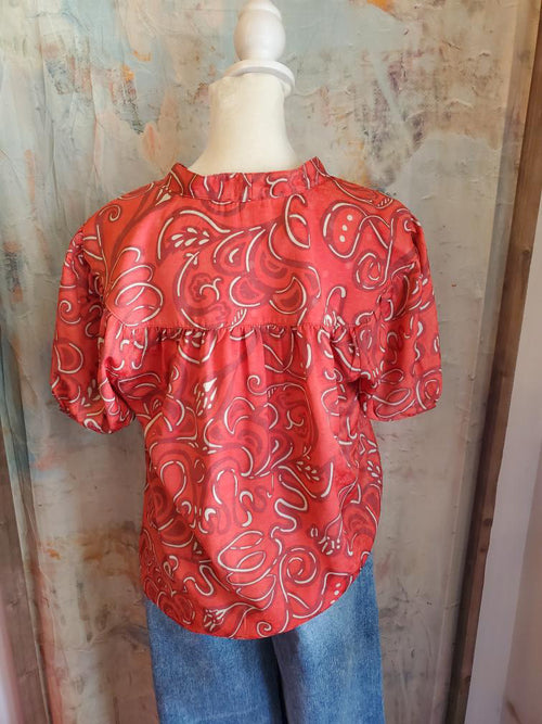 V Neck Half Sleeve Blouse with Smock Cuff