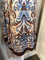 Long Sleeve Brown Print Shift Dress