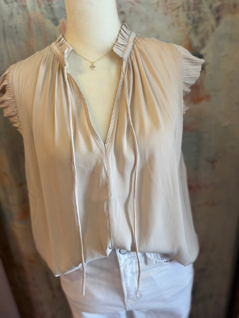 Pleated Taupe Sleeveless Blouse