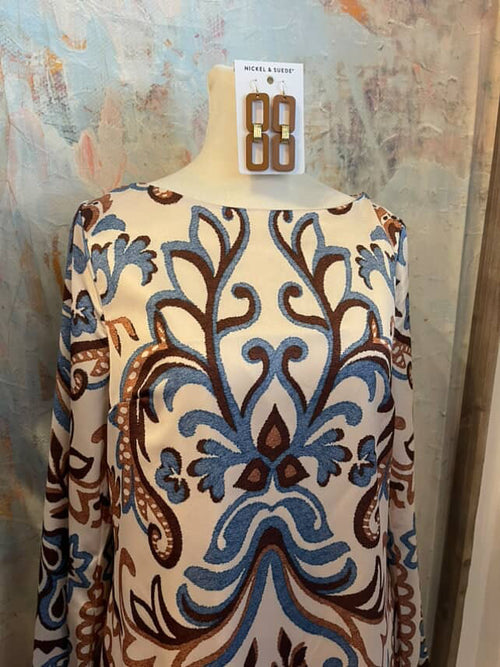 Long Sleeve Brown Print Shift Dress