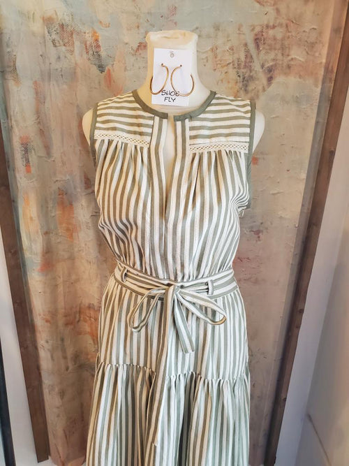 Sleeveless Sage Cream Stripe Dress