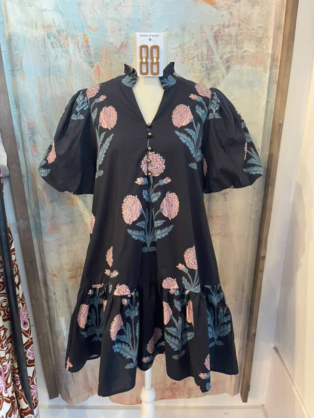 Navy Print Dress with Pockets and Button Detail