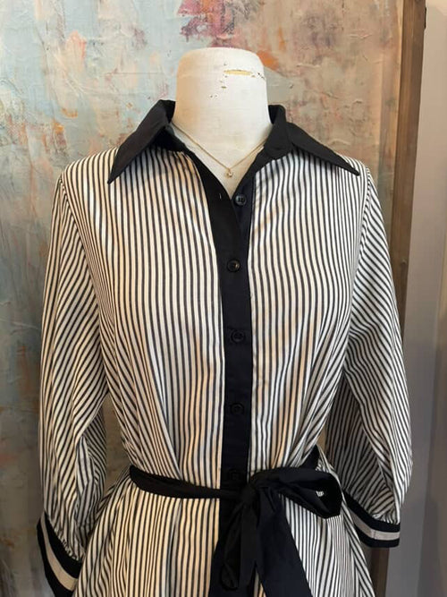 Tie Waist Detail Collar Stripe Dress